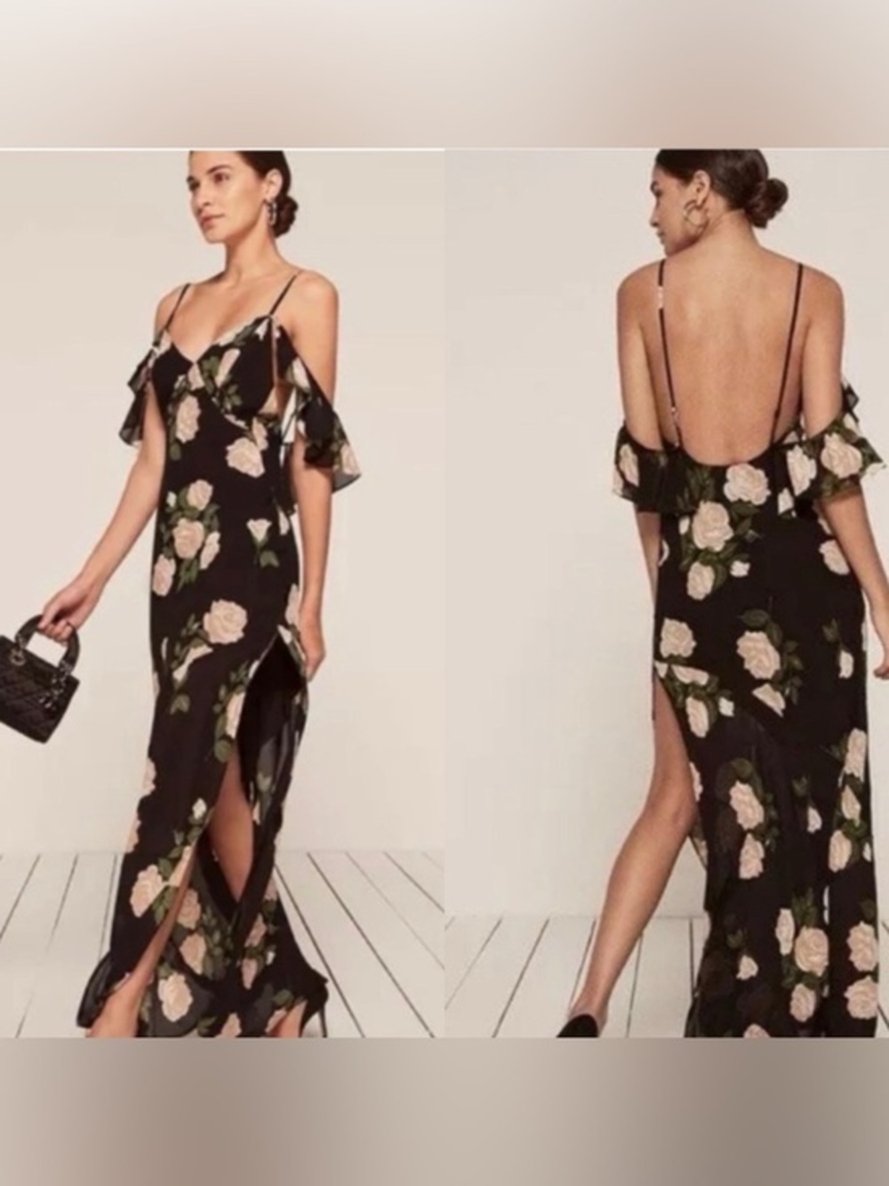 Reformation Ferrara Maxi Dress Black Venus Floral Off‑Shoulder Drape Size 2 NWT